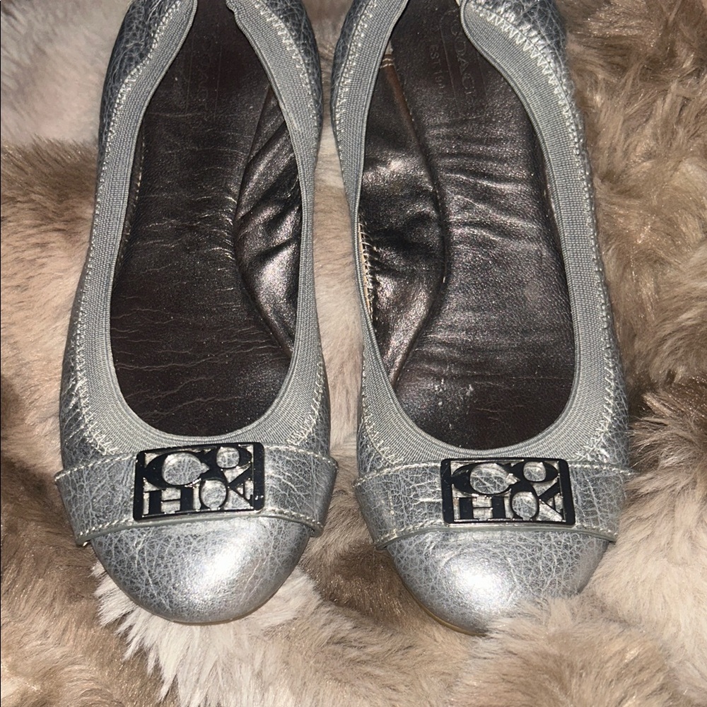 Coach Metallic Silver Flats with Logo Accent